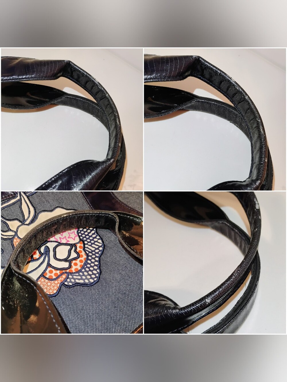 GUC Longchamp Denim & Patent Leather Tote Bag -  Floral Appliqué - Picture 13 of 16